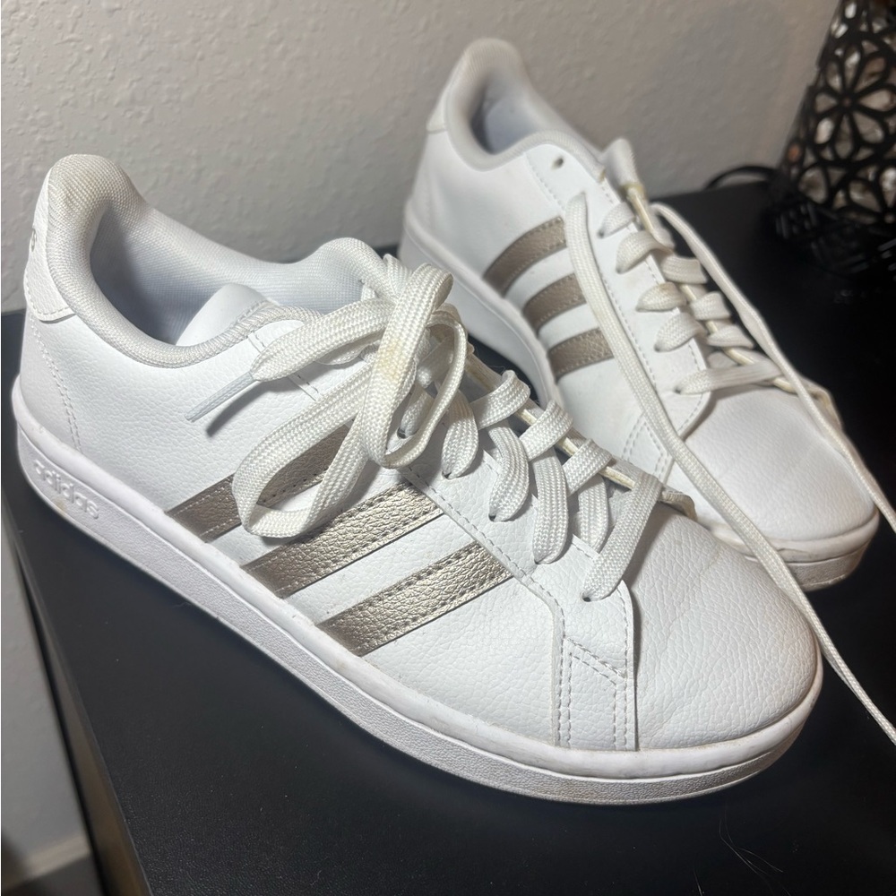Adidas Women's White Sneakers with Metallic Stripes